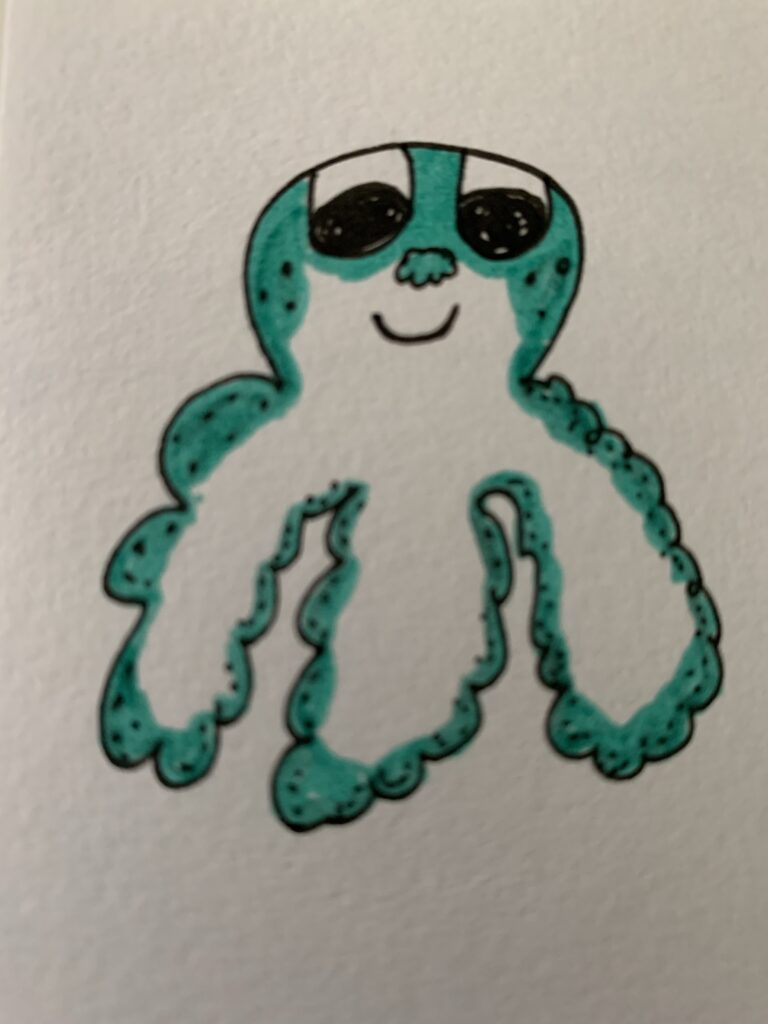 An white and teal octopus-like monster but with three lumpy limbs.