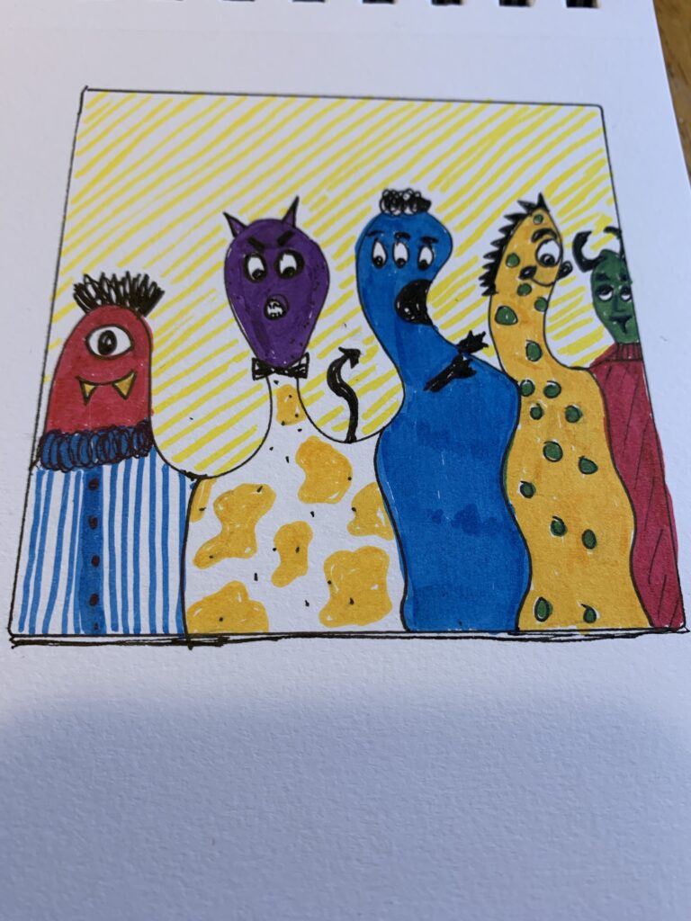 A drawing of 5 monsters made by drawing a bumpy line and then dividing the line and the bottom half of the drawing into 5 sections.