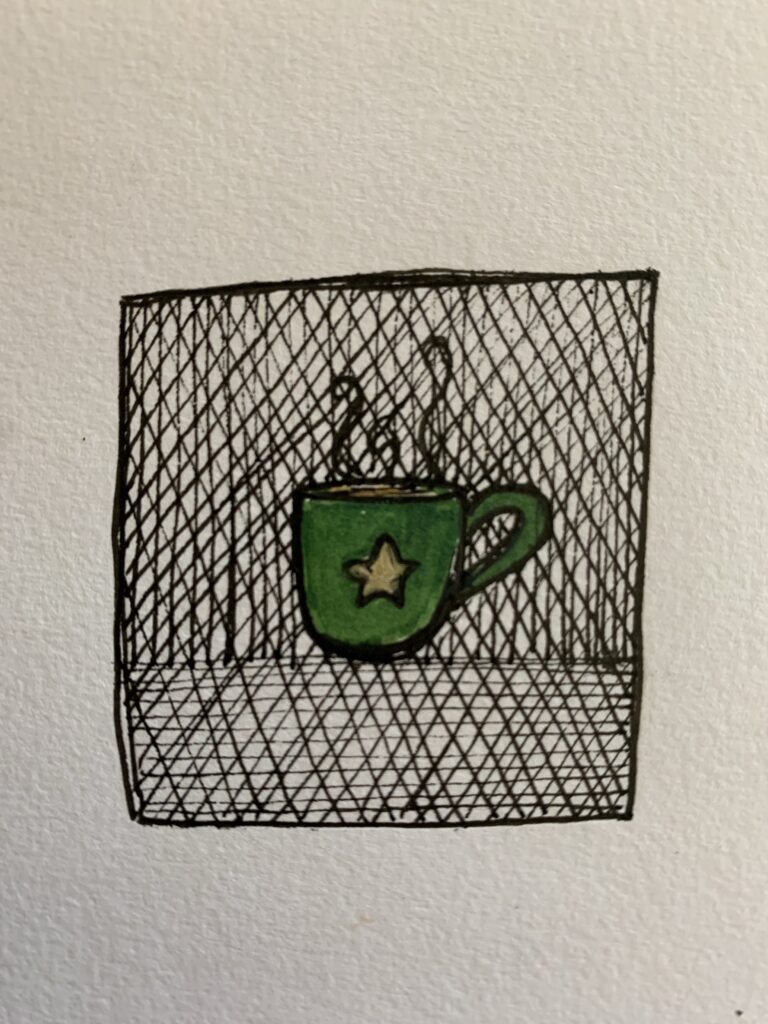 A drawing of a small green mug with a gold star on it.