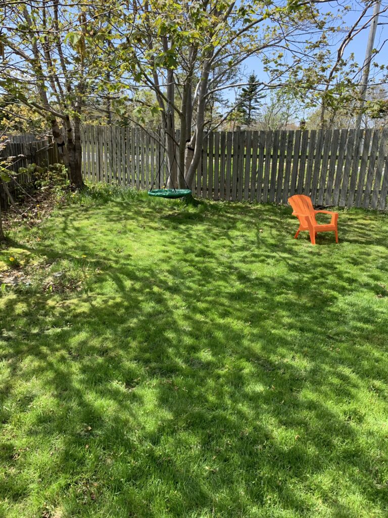 A photo of part of my yard - grass, a fence, a swing, and a lawn chair and some flowers.