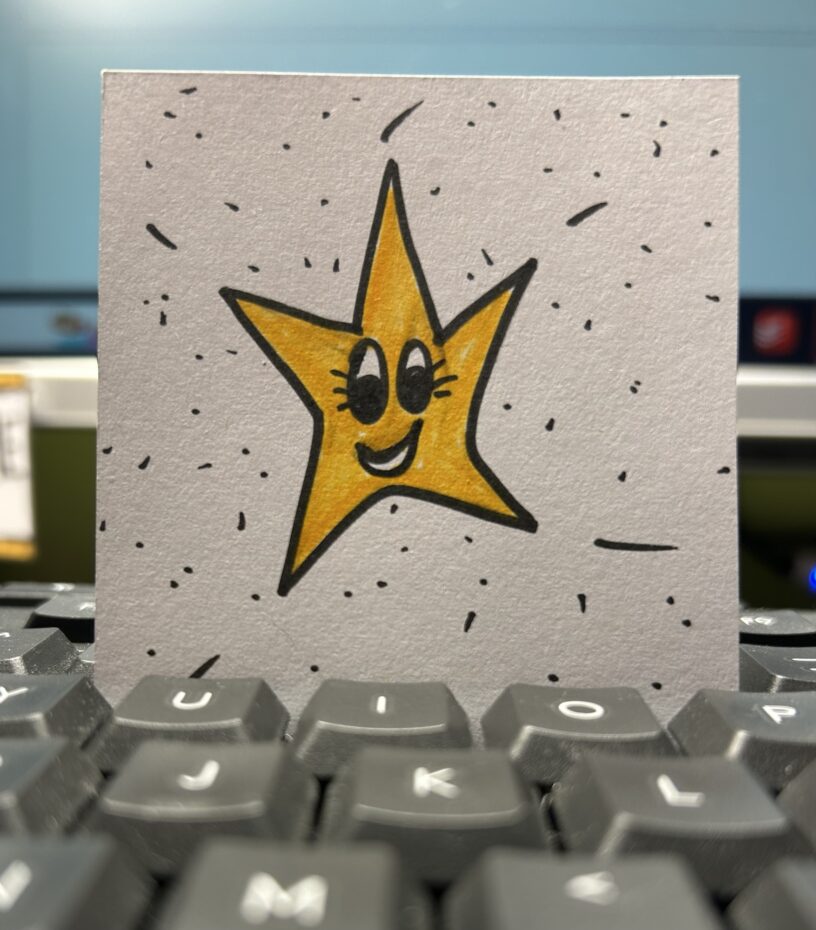 A drawing of a cartoonish gold star.